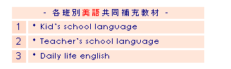 r: - UZOy@PɥRЧ -
 
1
* Kids school language
 
2
* Teachers school language
 
3
* Daily life english
 
 
